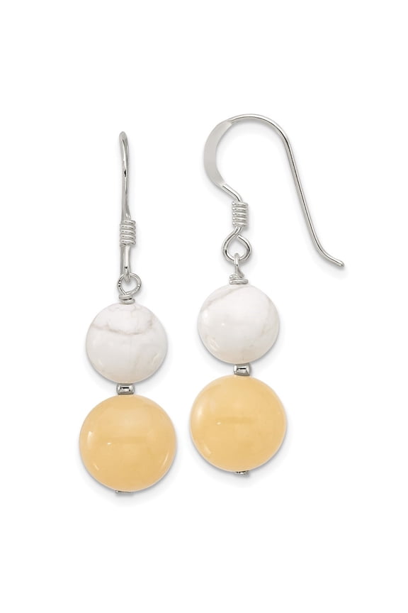 Fine Jewelry 925 Sterling Silver Polished White Howlite and Yellow Jade Dangle Earrings for Women