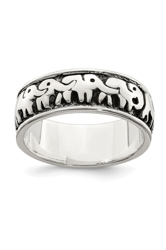 Fine Jewelry 925 Sterling Silver Polished and Antiqued Elephants Ring Size 6 for Women