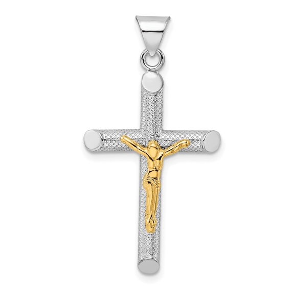 Auriga Fine Jewelry 925 Sterling Silver RH-plate & Gold-tone & Textured Crucifix Cross Pendant (L-37.45mm, W-19.8mm)