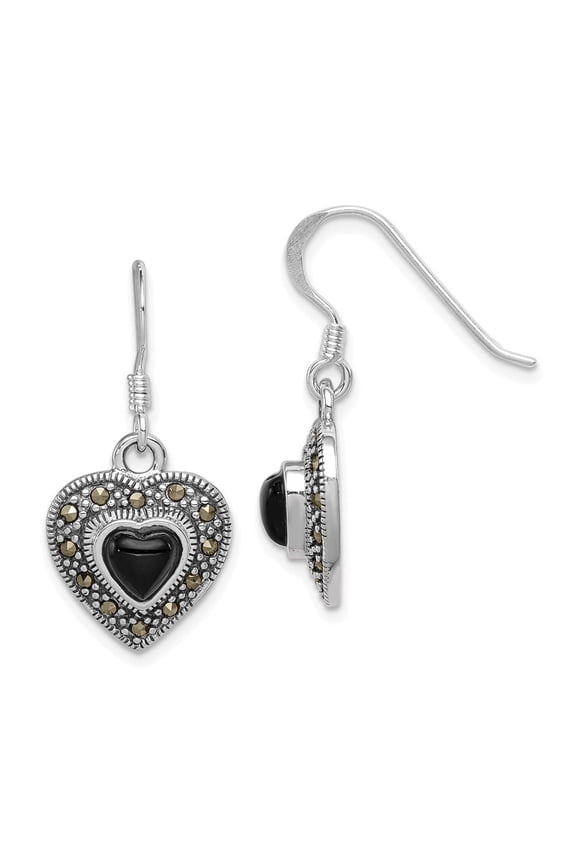 Fine Jewelry 925 Sterling Silver RH-plated Antiqued Onyx and Marcasite Heart Dangle Earrings for Women