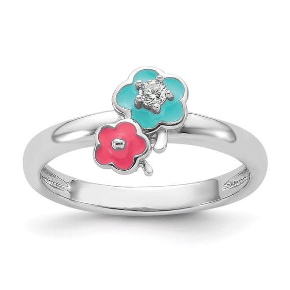 Auriga Fine Jewelry 925 Sterling Silver RH-plated Blue/Pink Enameled & CZ Floral Ring for Women Size 3