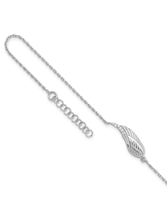 Fine Jewelry 925 Sterling Silver RH-plated CZ Angel Wing 9in. Plus 1in. ext. Anklet for Women