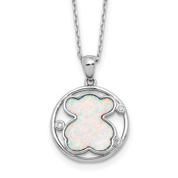 Auriga Fine Jewelry 925 Sterling Silver RH-plated CZ Cr Opal Inlay Bear w/2in ext. Necklace for Women 18"