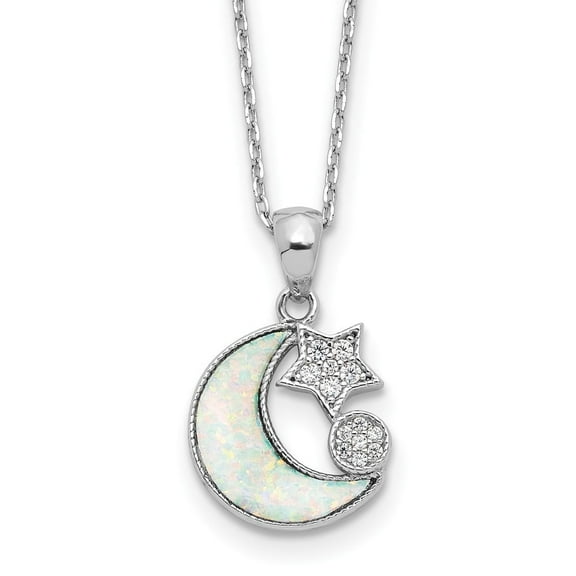 Auriga 925 Sterling Silver RH-plated CZ Created Opal Inlay Moon w/2in ext. Necklace for Women 18"