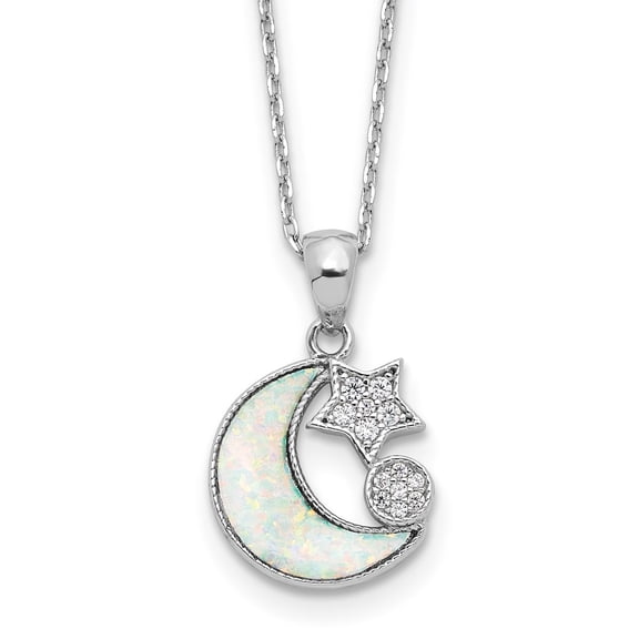 Auriga 925 Sterling Silver RH-plated CZ Created Opal Inlay Moon w/2in ext. Necklace for Women 18"