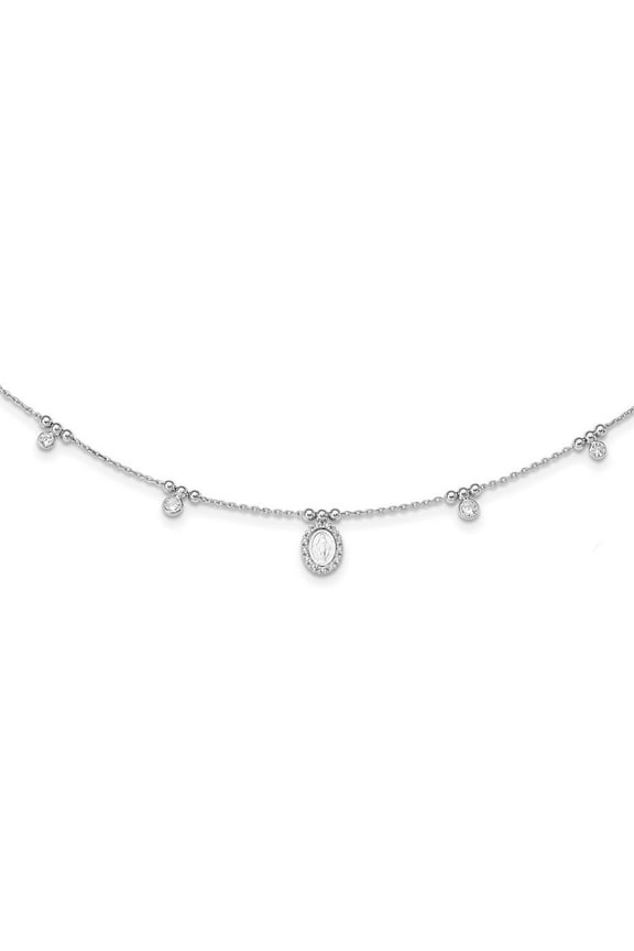 Fine Jewelry 925 Sterling Silver RH-plated CZ Miraculous Medal w/1.5in Extender Necklace for Women 16"