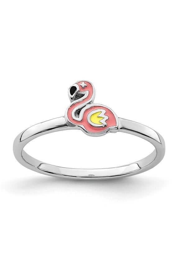 Fine Jewelry 925 Sterling Silver RH-plated Multi-color Enameled Flamingo Ring for Women Size 4