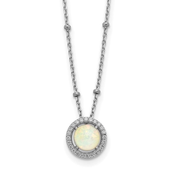 Auriga Fine Jewelry 925 Sterling Silver RH-plated White Created Opal CZ Beaded w/2 in Ext. Necklace for Women 16"