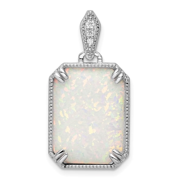 Auriga Fine Jewelry 925 Sterling Silver RH-plated White Created Opal and CZ Beaded Border Pendant for Women (L - 0.89 inch, W - 15.3 inch)