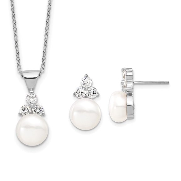 Auriga Fine Jewelry 925 Sterling Silver 9-10 mm Coin FWC Pearl CZ Earring Necklace Set for Women 17"