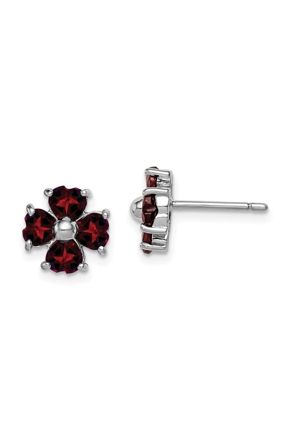 Fine Jewelry 925 Sterling Silver Rh-Plated Garnet Flower Post Stud Earrings for Women