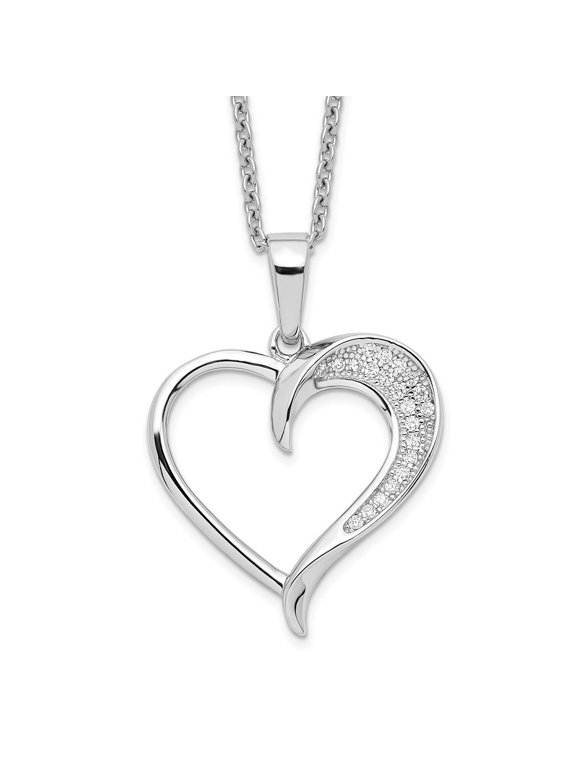 Fine Jewelry 925 Sterling Silver Rh-plated 21 Stone Micro Pav CZ Polished Heart Necklace with 2" Extender 18" for Women
