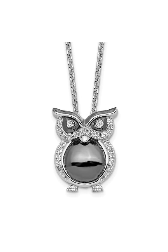 Fine Jewelry 925 Sterling Silver Rh-plated 22 Stone Micro Pav CZ Owl Necklace with 2 Inch Extender for Women 18"