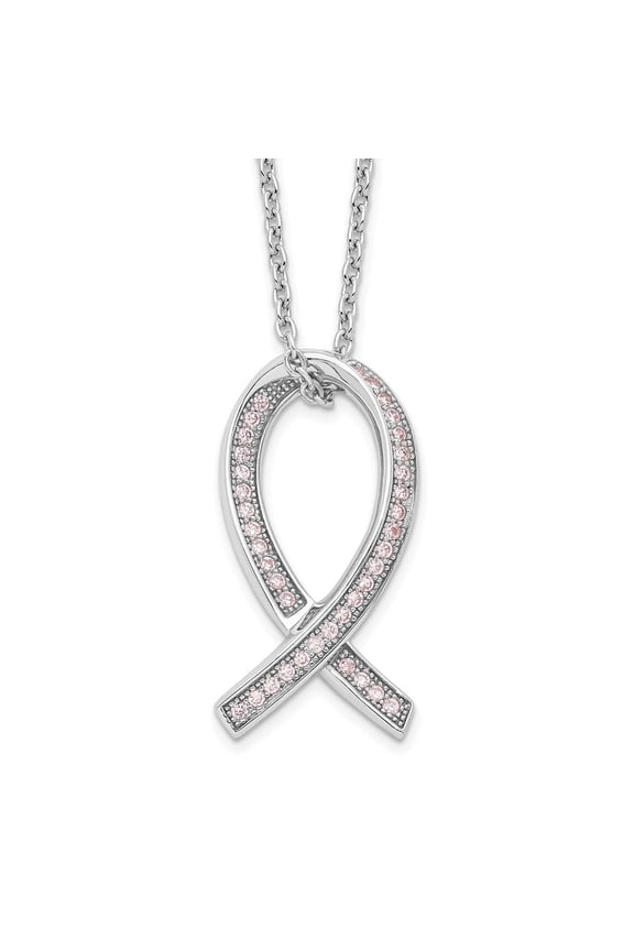 Fine Jewelry 925 Sterling Silver Rh-plated 38 Stone Micro Pav Pink CZ Awareness Ribbon Necklace for Women 18"