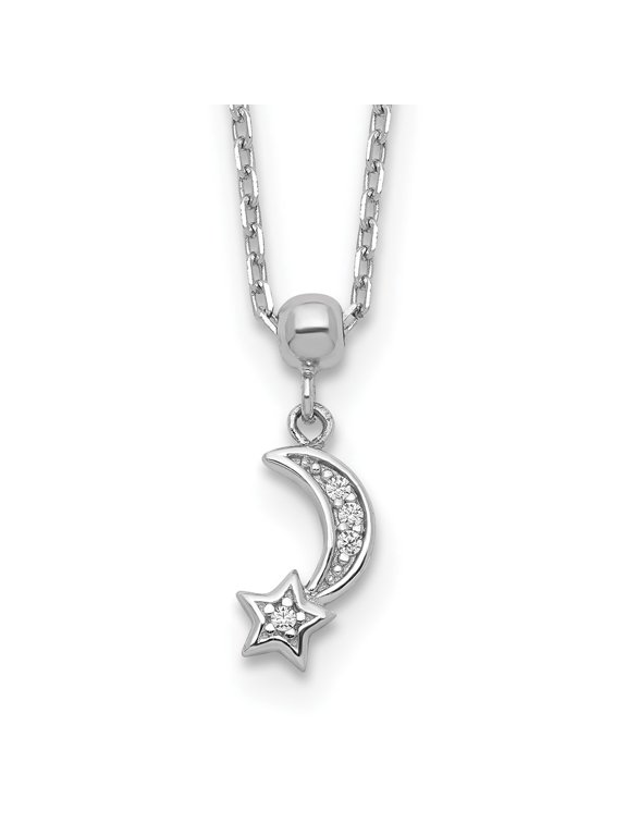 Fine Jewelry 925 Sterling Silver Rh-plated 4 Stone Moon and Star CZ Necklace with 2 inch ext. for Women 18"