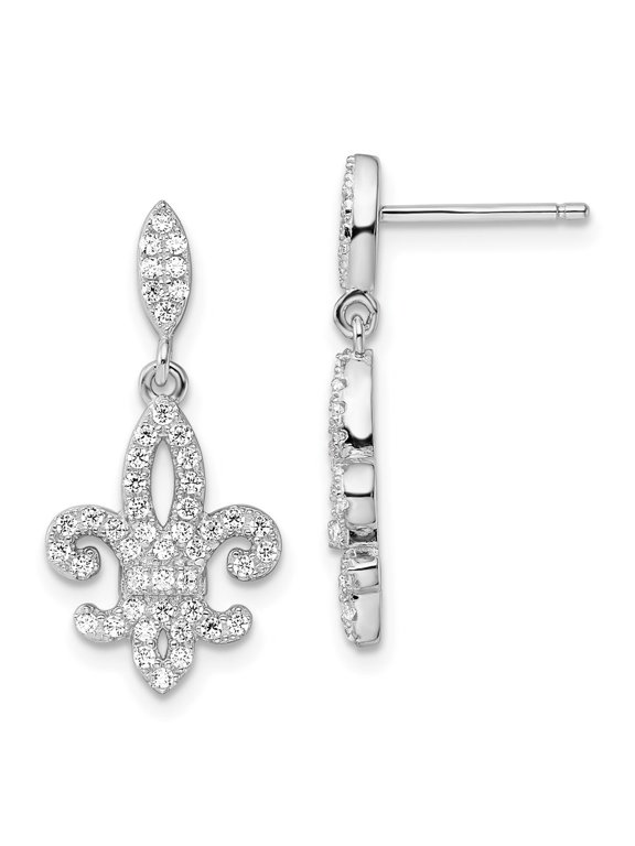 Fine Jewelry 925 Sterling Silver Rh-plated 940 Stone Micro CZ Fleur De Lis Post Dangle Earrings for Women