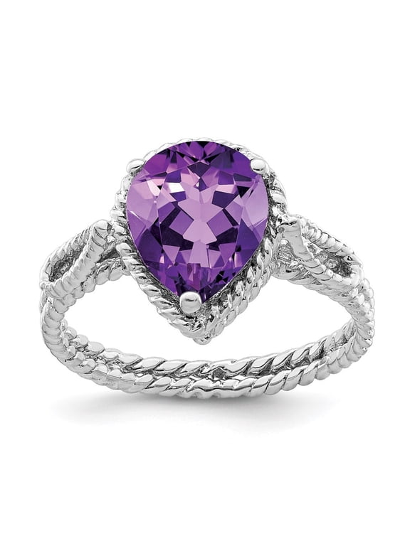 Fine Jewelry 925 Sterling Silver Rh-plated Amethyst Pear Twisted Ring for Women Size 8