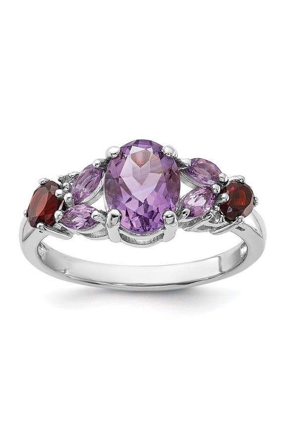 Fine Jewelry 925 Sterling Silver Rh-plated Amethyst Pk Quartz Garnet and White Topaz Ring for Women Size- 8