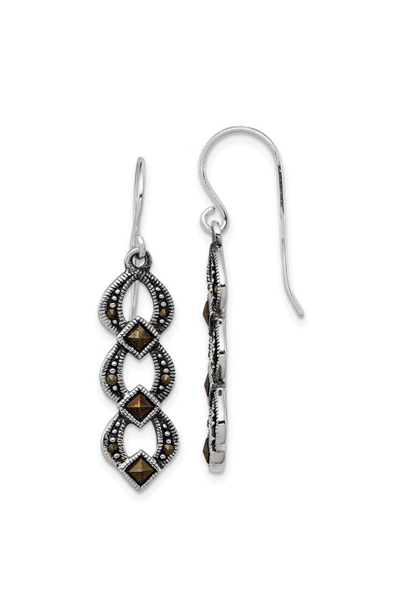 Fine Jewelry 925 Sterling Silver Rh-plated Antiqued and Textured Marcasite Dangle Earrings for Women