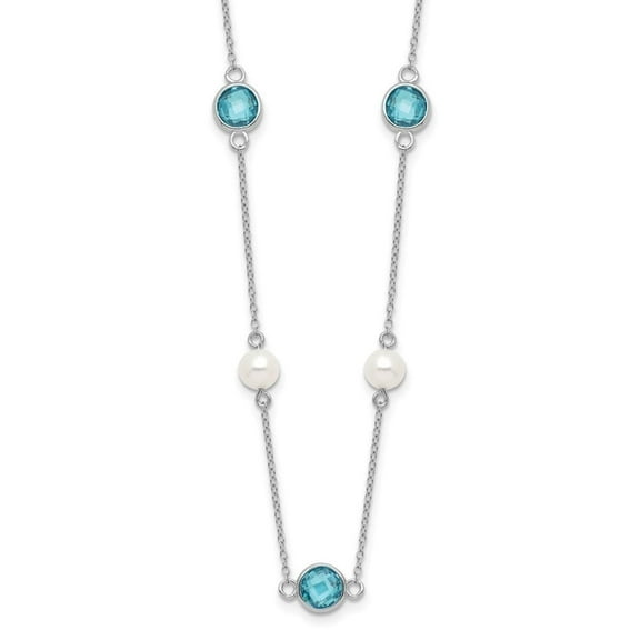 Auriga Fine Jewelry 925 Sterling Silver Rh-plated Blue CZ and White FWC Pearl 9 Station Necklace with 2 Inch Ext. for Women 18"