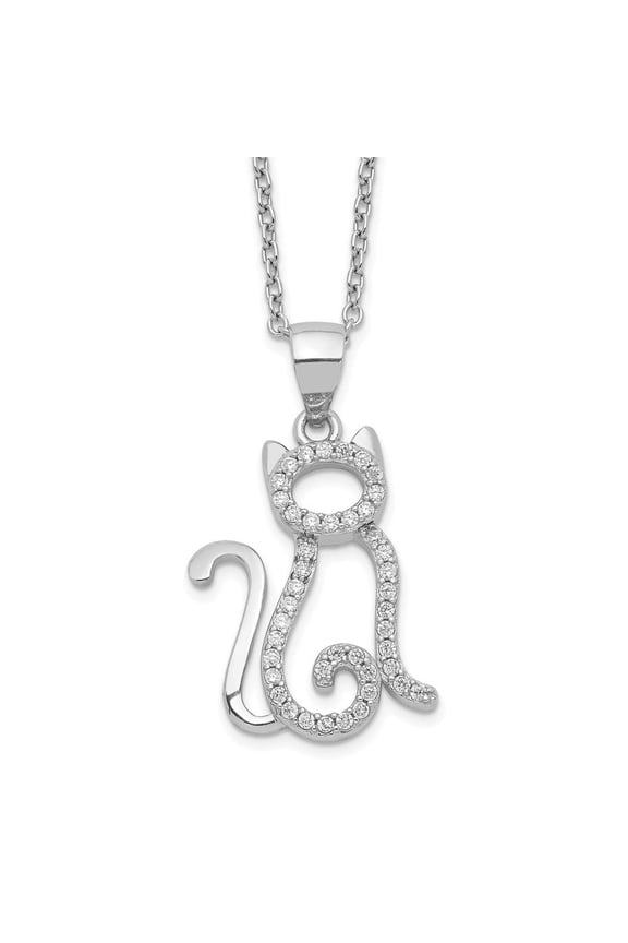 Fine Jewelry 925 Sterling Silver Rh-plated Brilliant-cut White CZ Cat Necklace for Women 18.25"