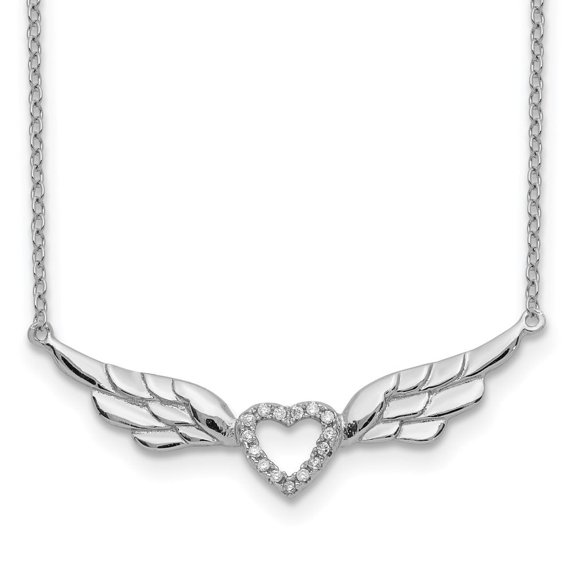 Auriga Fine Jewelry 925 Sterling Silver Rh-plated CZ Heart with Wings Necklace with 1 inch ext. Necklace 17" Valentine's Day Gift for Women