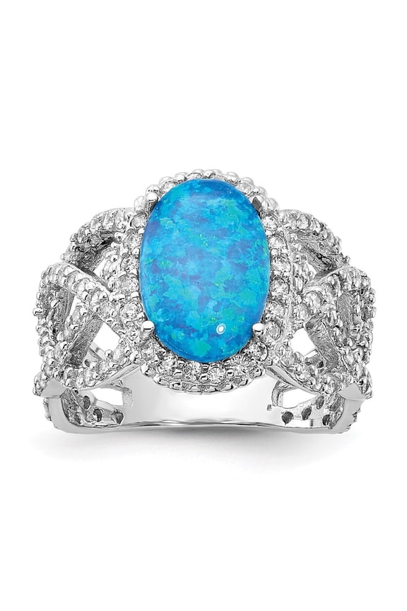 Fine Jewelry 925 Sterling Silver CZ and Oval Lab Created Blue Opal Ring for Women Size 7