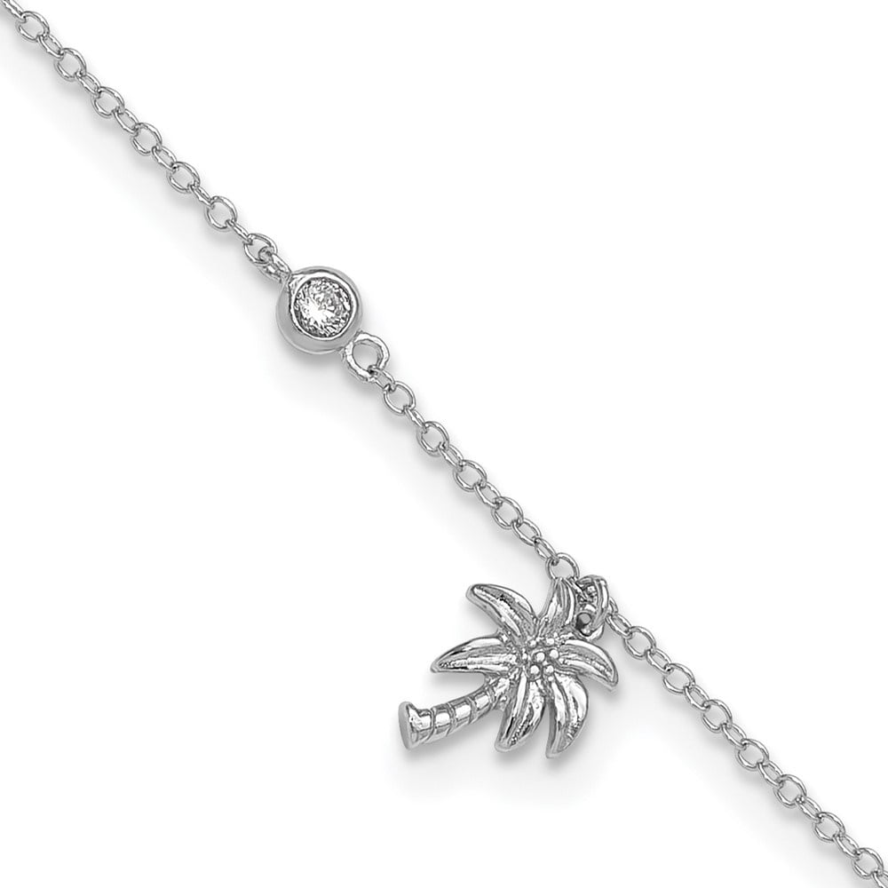 Auriga Fine Jewelry 925 Sterling Silver Rh-plated CZ and Palm Tree 9inch Plus 1in Ext. Anklet for Women
