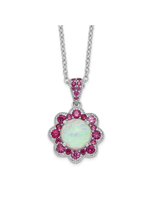 Fine Jewelry 925 Sterling Silver Rh-plated Cabochon Lab Created Opal and Brilliant-cut Red Nano Crystal Flower Necklace for Women 18"