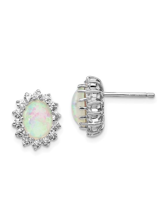 925 Sterling Silver Cabochon LG Opal and CZ Oval Halo Post Stud Earrings for Women