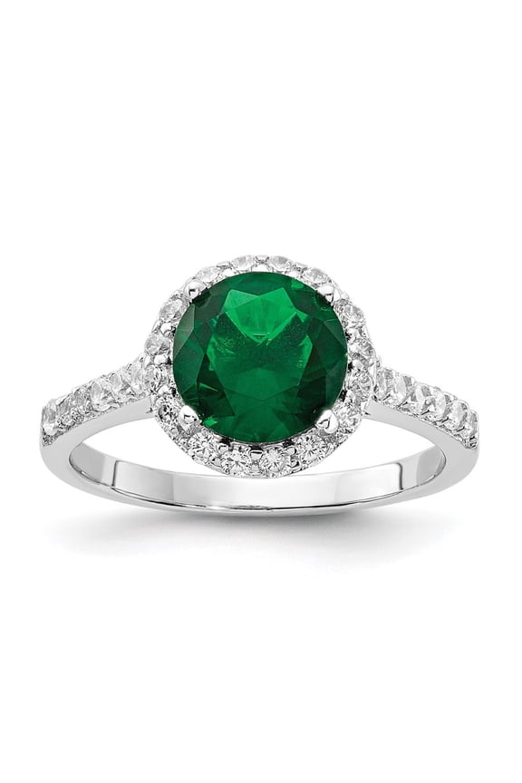 Fine Jewelry 925 Sterling Silver Green Glass Round Center and CZ Halo Ring for Women Size 9