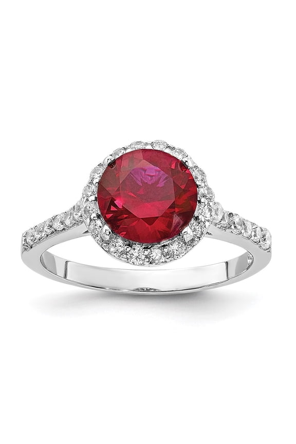 Fine Jewelry 925 Sterling Silver Lab Created Ruby and CZ Round Halo Ring for Women Size 6