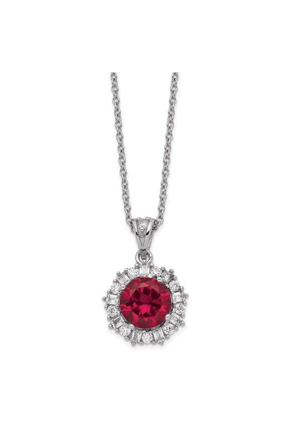 Fine Jewelry 925 Sterling Silver Rh-plated Lab Created Ruby and Baguette-cut White CZ Necklace for Women 18"