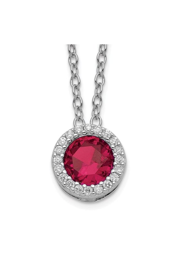Fine Jewelry 925 Sterling Silver Rh-plated Lab Created Ruby and White CZ Round Halo Necklace for Women 18"