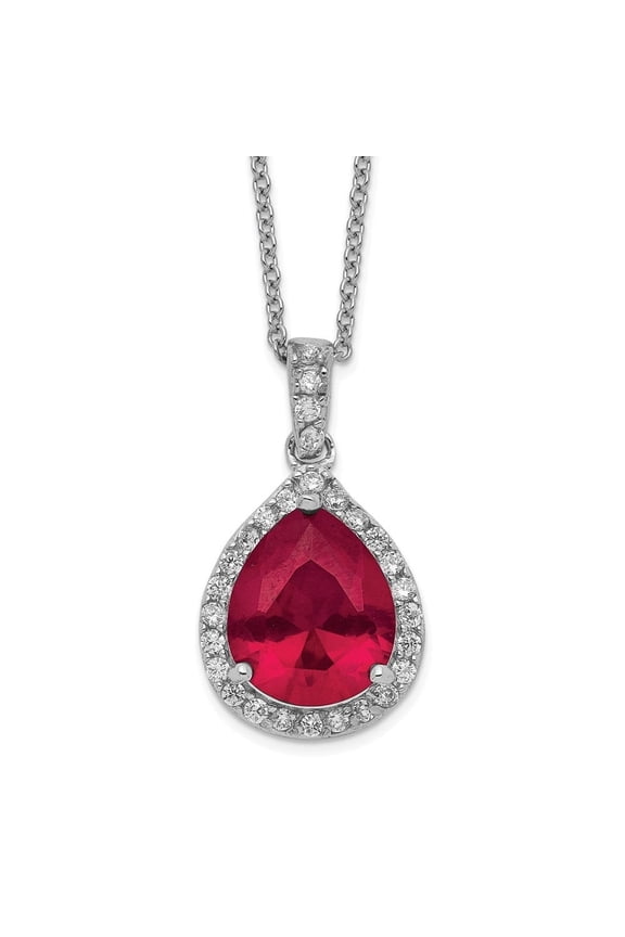 Fine Jewelry 925 Sterling Silver Rh-plated Lab Created Ruby and White CZ Teardrop Halo Necklace for Women 18"
