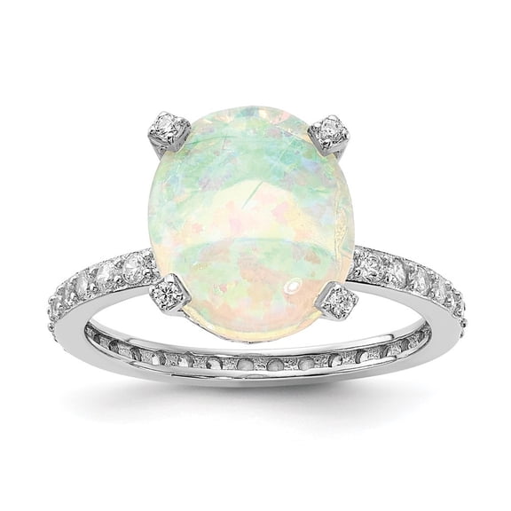 Auriga Fine Jewelry 925 Sterling Silver Rh-plated Lab Created White Oval Opal and CZ Ring for Women Size 5