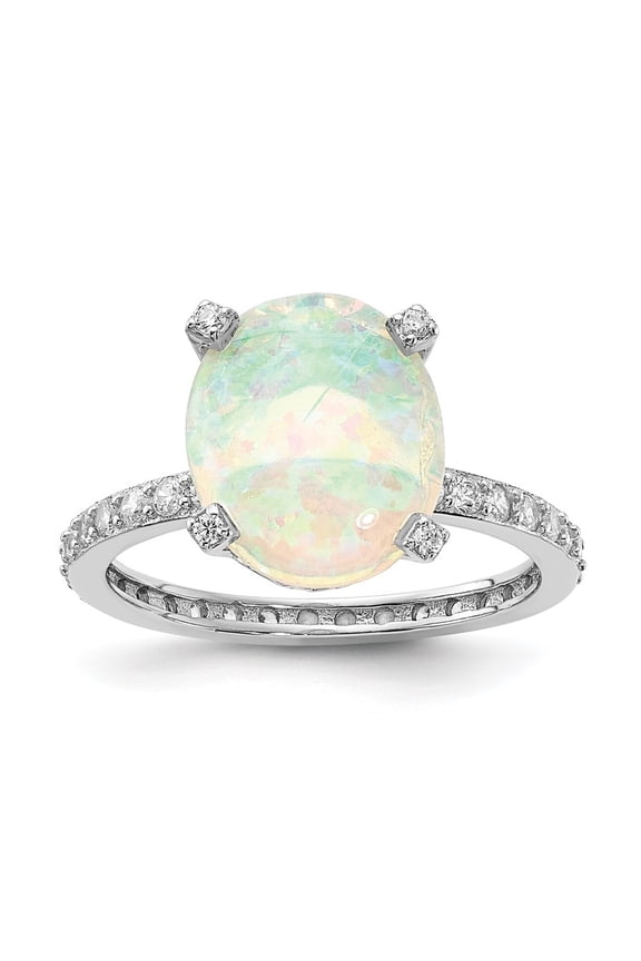 Fine Jewelry 925 Sterling Silver Rh-plated Lab Created White Oval Opal and CZ Ring for Women Size 8