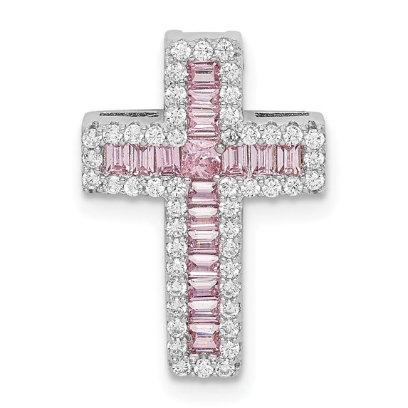 Auriga Fine Jewelry 925 Sterling Silver Rh-plated Pink and White Cubic Zirconia Cross Chain Slide Pendant for Women