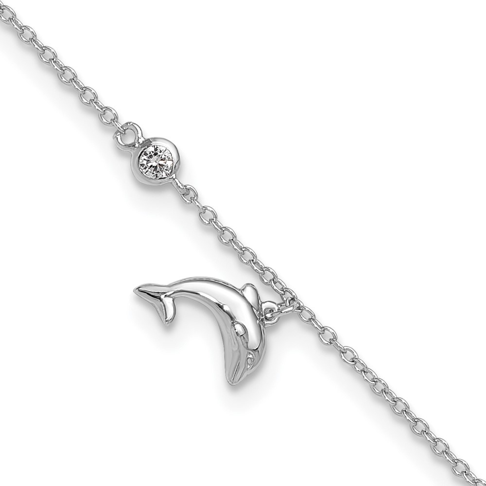 Auriga Fine Jewelry 925 Sterling Silver Rh-plated Polished CZ Dolphin 9 inch with a 2 inch Extention Anklet for Women
