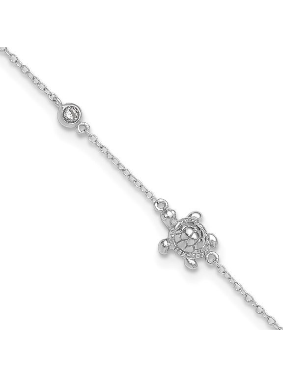 Fine Jewelry 925 Sterling Silver Rh-plated Polished CZ Turtle 9 inch with a 2 inch extention Anklet for Women