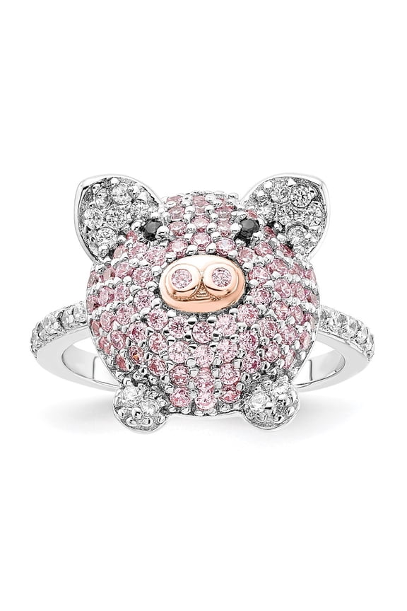 925 Sterling Silver and Rose Gold-plated Black Pink and White CZ Pig Ring for Women Size 5