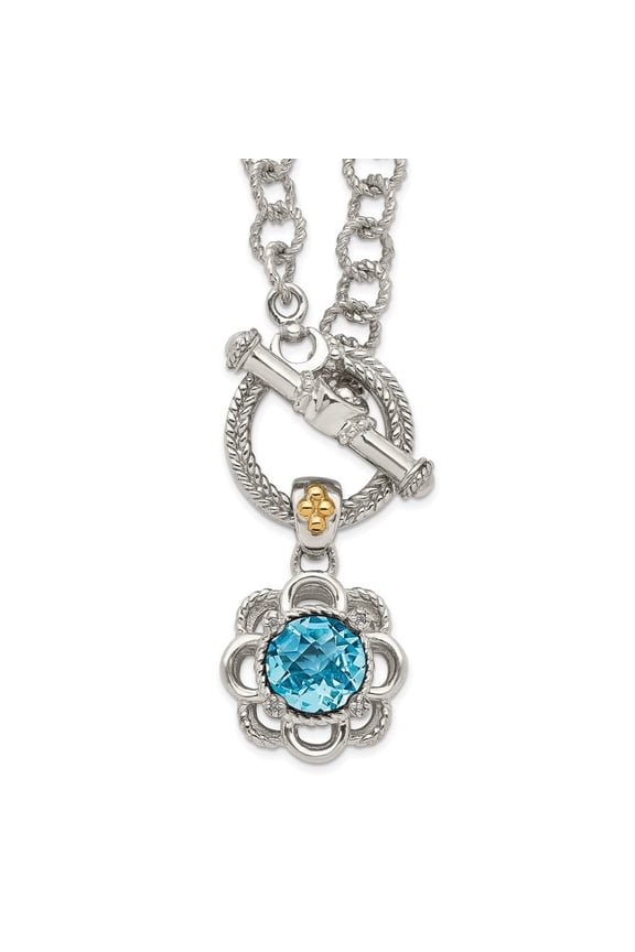 Fine Jewelry 925 Sterling Silver Rh-plated with 14K Accent Round Light Swiss Blue Topaz and Diamond Necklace for Women 18"