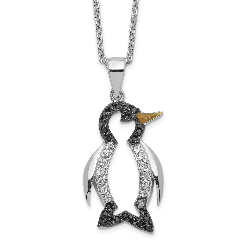 AURIGA Fine Jewelry 925 Sterling Silver Rh-plated with Black Rhodium Enameled Black and White CZ Penguin Necklace for Women 18"