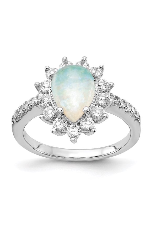 Fine Jewelry 925 Sterling Silver Rhod Plated CZ and Created Opal Pear Shaped Ring Size 6 for Women