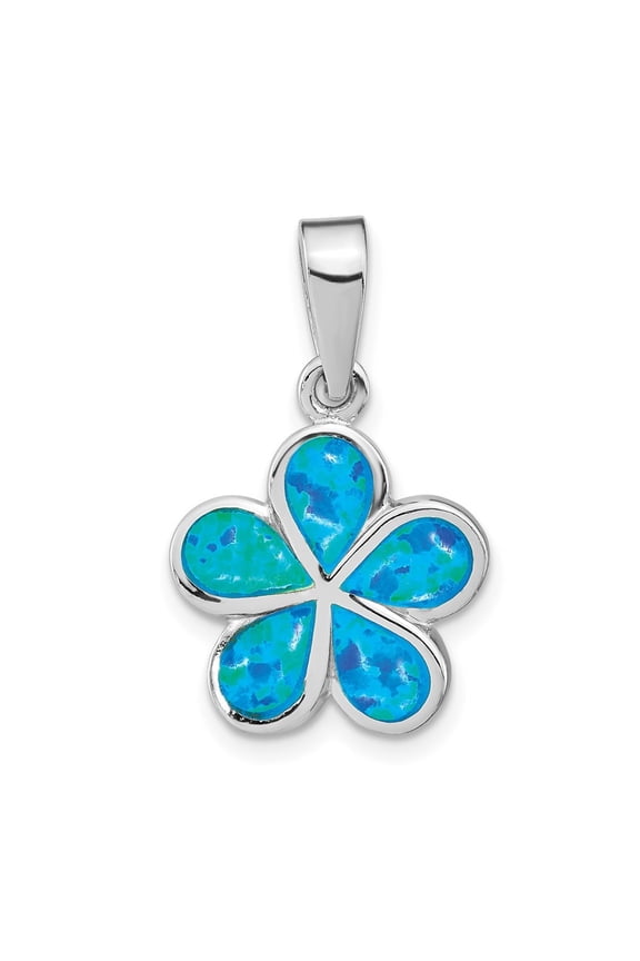 Fine Jewelry 925 Sterling Silver Rhod-Plated Created Blue Inlay Opal Flower Pendant (L -24.5mm, W -15mm)