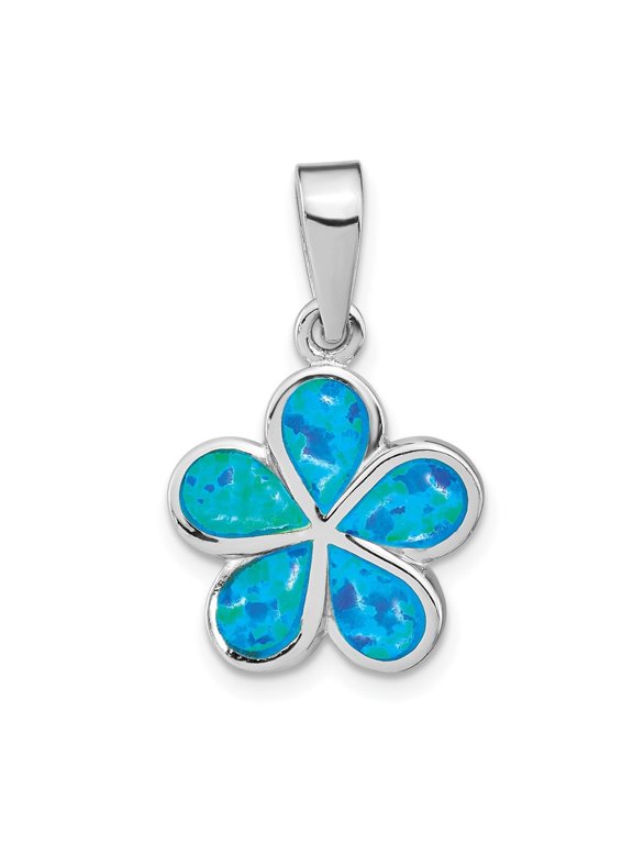 Fine Jewelry 925 Sterling Silver Rhod-Plated Created Blue Inlay Opal Flower Pendant (L -24.5mm, W -15mm)