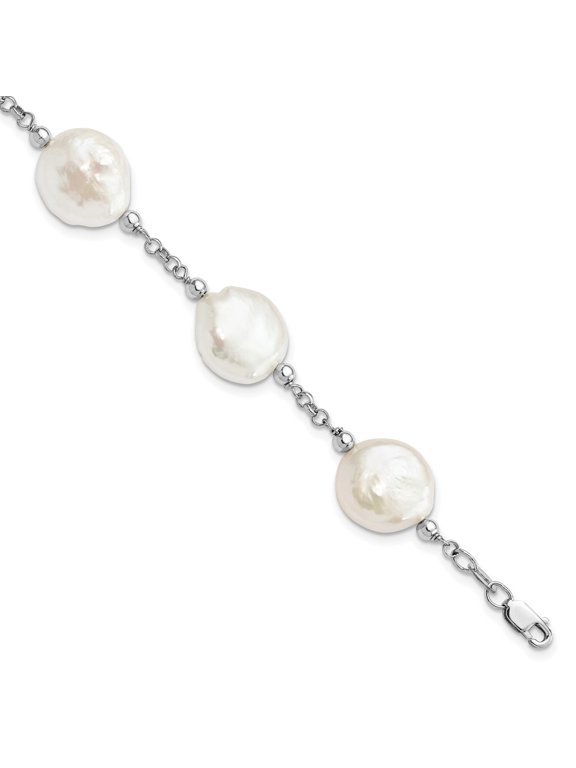 Fine Jewelry 925 Sterling Silver Rhod-plated 12-13 Coin FWC Pearl 6 Stat Bracelet for Women