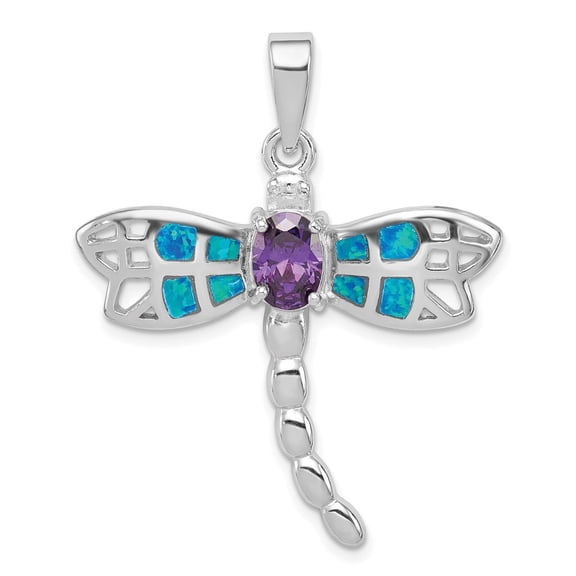 Auriga Fine Jewelry 925 Sterling Silver Rhod plated Created Opal Dragonfly Amethyst Pendant for Women (L - 1.42 inch, W - 30 inch)