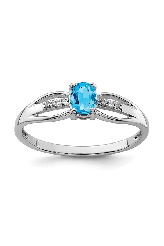 Fine Jewelry 925 Sterling Silver Rhod-plated Diamond Light Swiss Blue Topaz Ring for Women Size 7