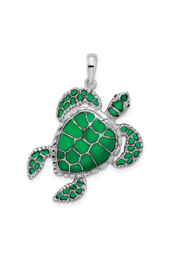 Fine Jewelry 925 Sterling Silver Enameled Green Sea Turtle Pendant (L- 37mm, W- 30mm)
